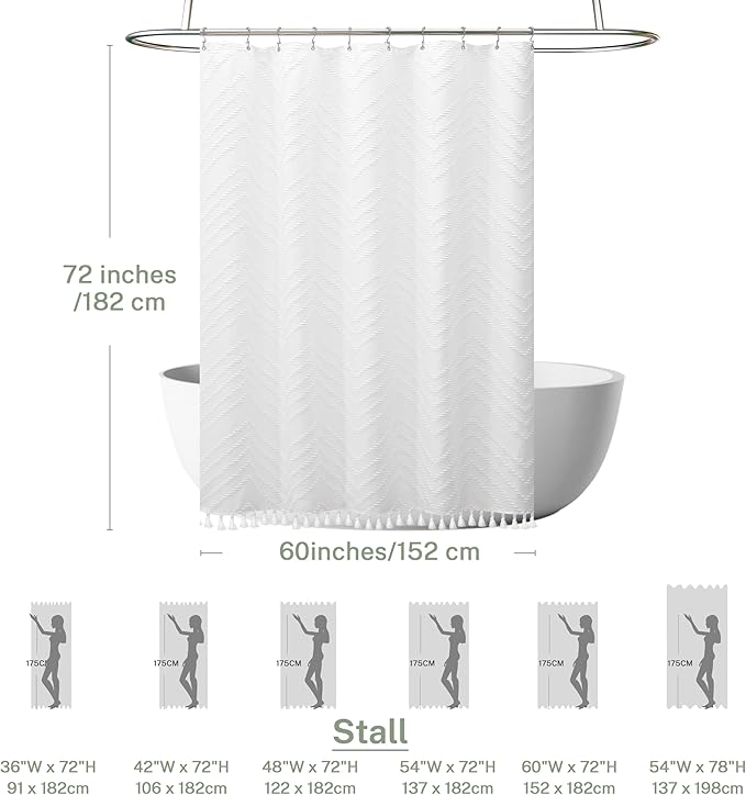 Boho Shower Curtain White Tassel Woven Fabric Shower Curtain 60 x 72 Modern Farmhouse Textured Tufted Chevron Striped Minimalist for Bathroom, Closet Door