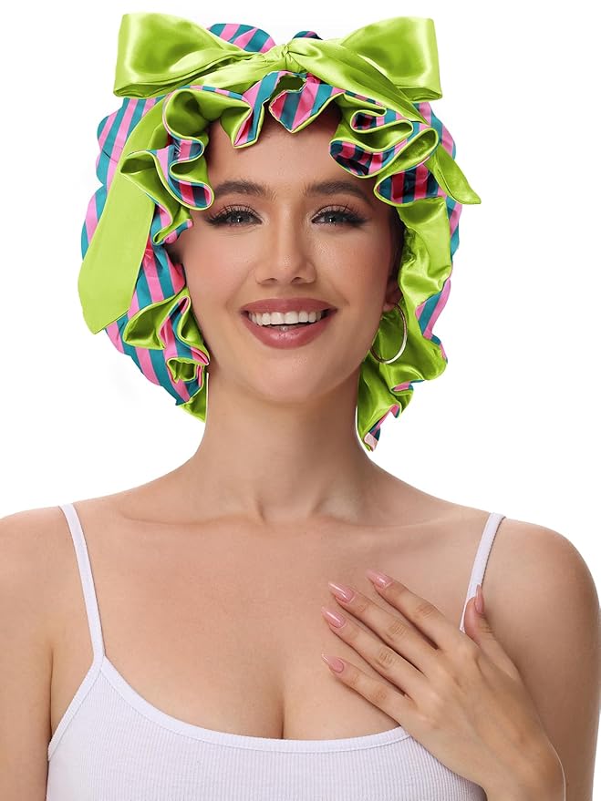 Silk Hair Bonnet for Sleeping, Satin Shower Cap for Women 2025 with Tie Band and Adjustable Straps Head Wrap for Curly Hair Pink-Red-Green F