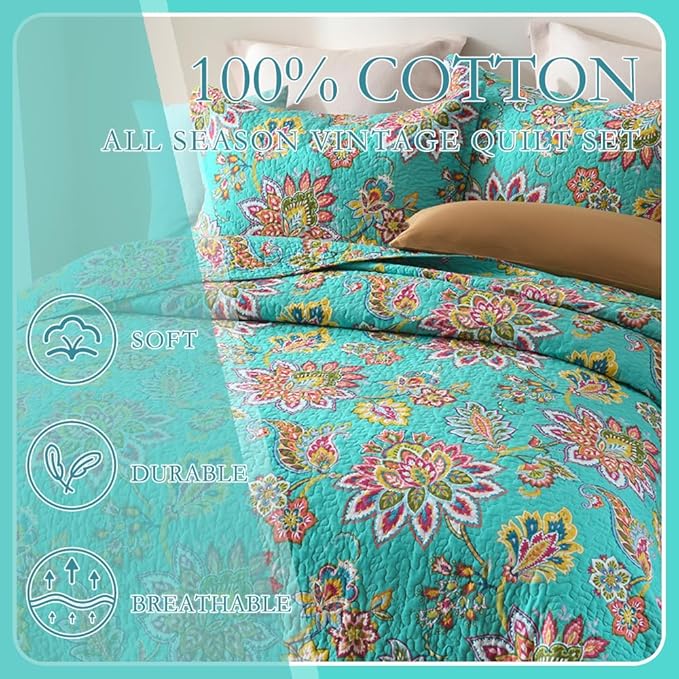 Cotton Bedspread Bedding Coverlet Quilt Sets, Reversible Vintage Branch Floral Bedspread comforters, (Vintage Turquoise Paisley Floral Pattern, Queen Size)