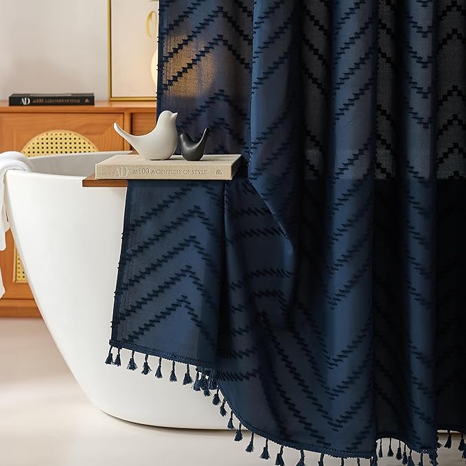 Navy Blue Shower Curtain Fabric Boho Shower Curtain Cloth Textured Tufted Chevron Elegant Shower Curtains Waterproof for Bathroom 72 x 72