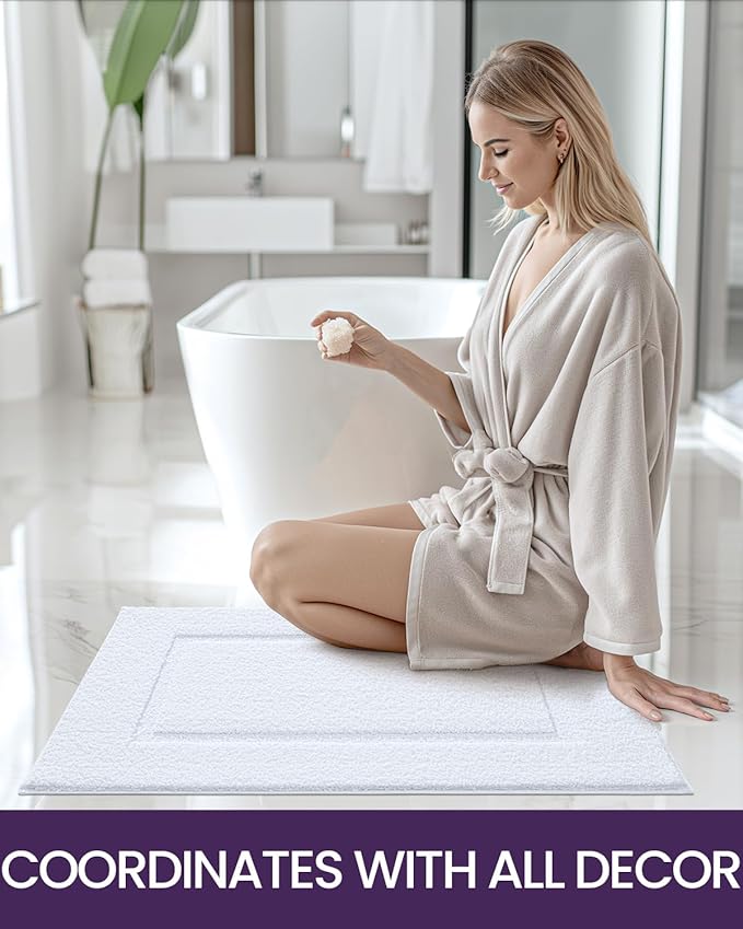 DEXI Bathroom Rugs 43x24, Washable Non Slip Bath Mat for Shower Floor, Absorbent Quick Dry Bathmat with Rubber Backing, Ultra Soft Plush Carpet for Tub, White