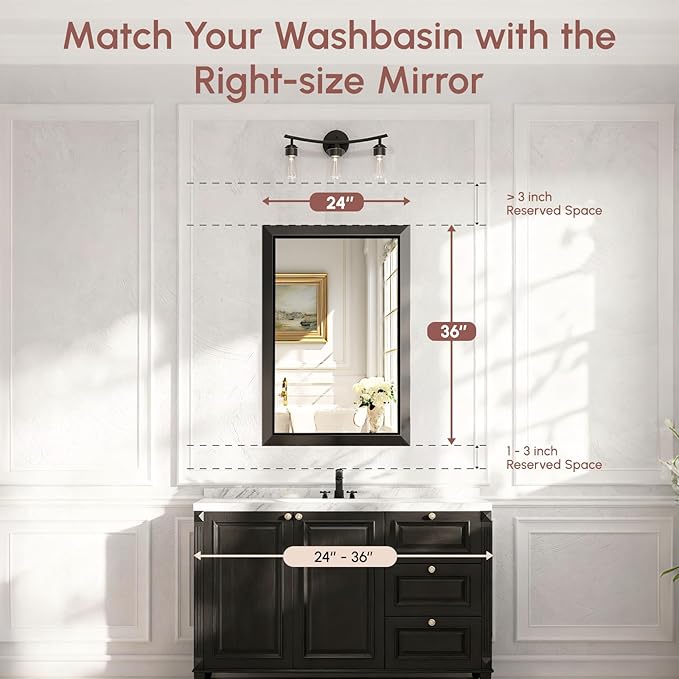 USHOWER Black Bathroom Mirrors for Over Sink, 24x36 Inch Beveled Rectangular Bathroom Vanity Mirror, Brushed Thick Aluminum Framed, Anti-Rust, 4mm Copper-Free Silver Wall Mirror