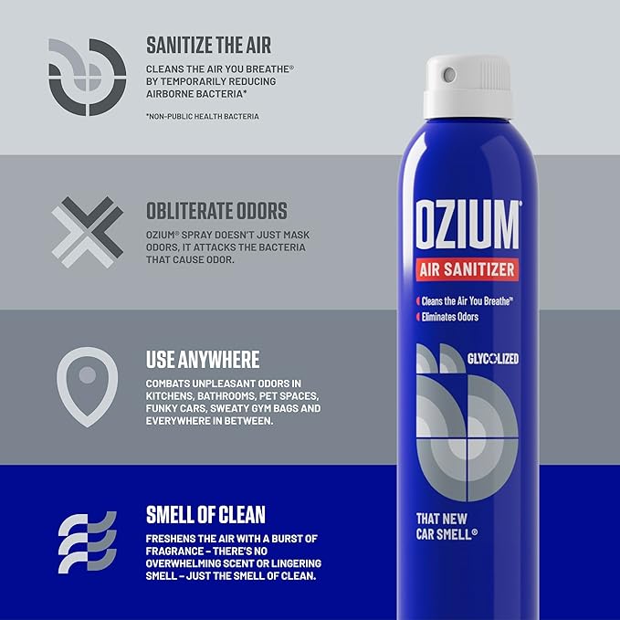 Ozium 3.5oz Air Sanitizer Spray & Odor Eliminator for Homes, Cars, Offices and More, New Car Smell, (Pack of 2)