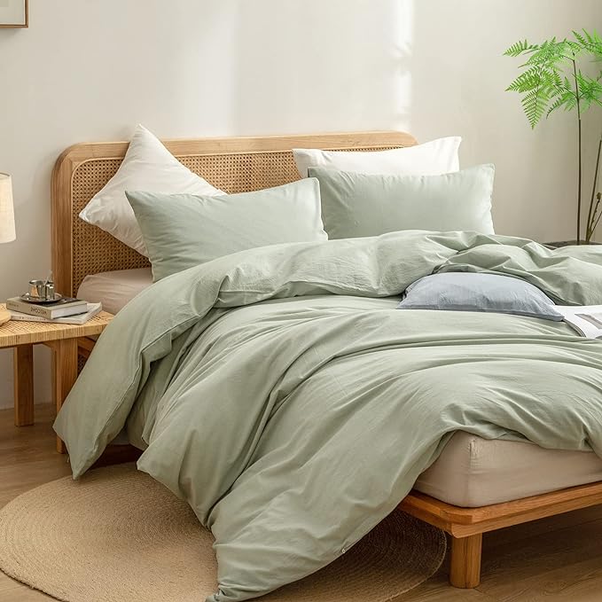 BESTOUCH Duvet Cover Set 100% Washed Cotton Linen Feel Super Soft Comfortable Chic Lightweight 2 PCs Home Bedding Set Solid Sage Green Twin/Twin XL