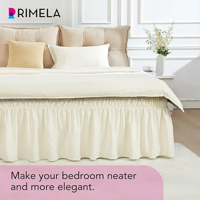 RIMELA Off White Bed Skirt Queen Size 18 Inch Drop, Elastic Bed Skirting for Bed Base and Frame, Bedding Dust Ruffle Easy to Install, Lightweight Wrap Around Adjustable Bedskirt