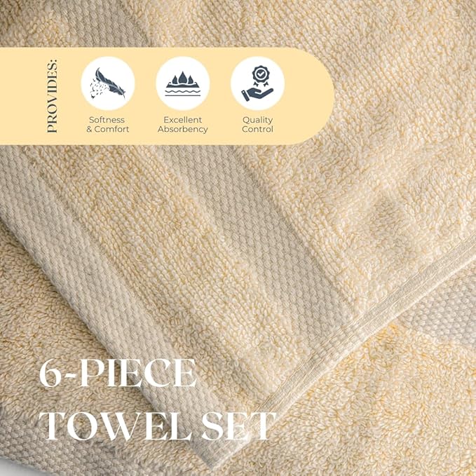 Egyptian Cotton Bathroom Towel Set - 6 Piece | Ultra Soft 100% 600 GSM Towels | 2 Bath, 2 Hand, 2 Washcloths | Quick Dry, Durable for Home, Spa, Gym | Premium Large Towel Set (Off White)