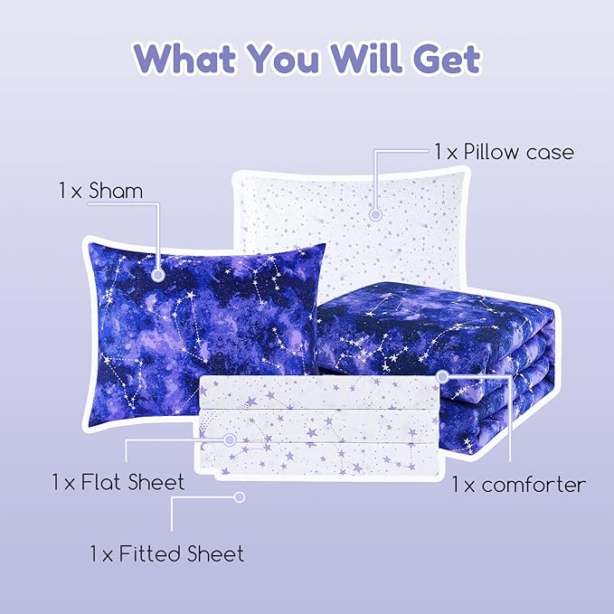Twin Comforter Set - 5 Pieces Girls Boys Galaxy Glow in The Dark Twin Bedding Sets for Kids, Ultra Soft Bed in A Bag with Sheets