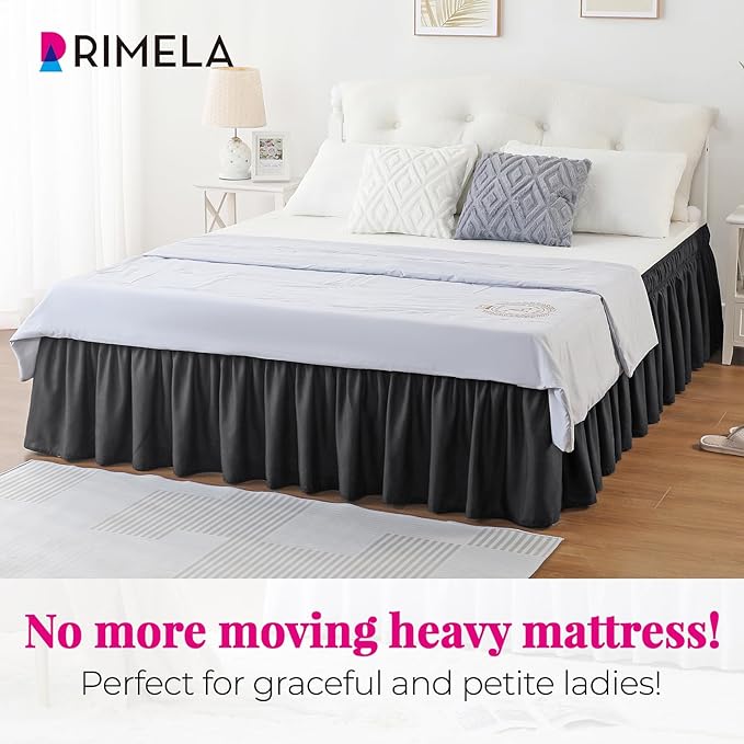 RIMELA Black Bed Skirt King Size 18 Inch Drop, Elastic Bed Skirting for Bed Base and Frame, Bedding Dust Ruffle Easy to Install, Lightweight Wrap Around Adjustable Bedskirt