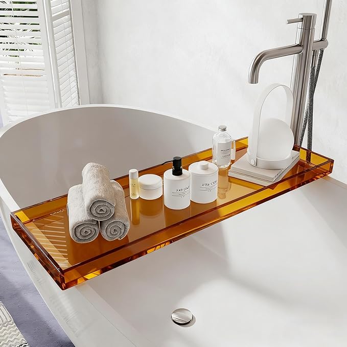Bathtub Tray Table, Clear Acrylic, Anti-Slip Bath Caddy, (Amber, L32.3″ x W7.87″ x H1.18″)