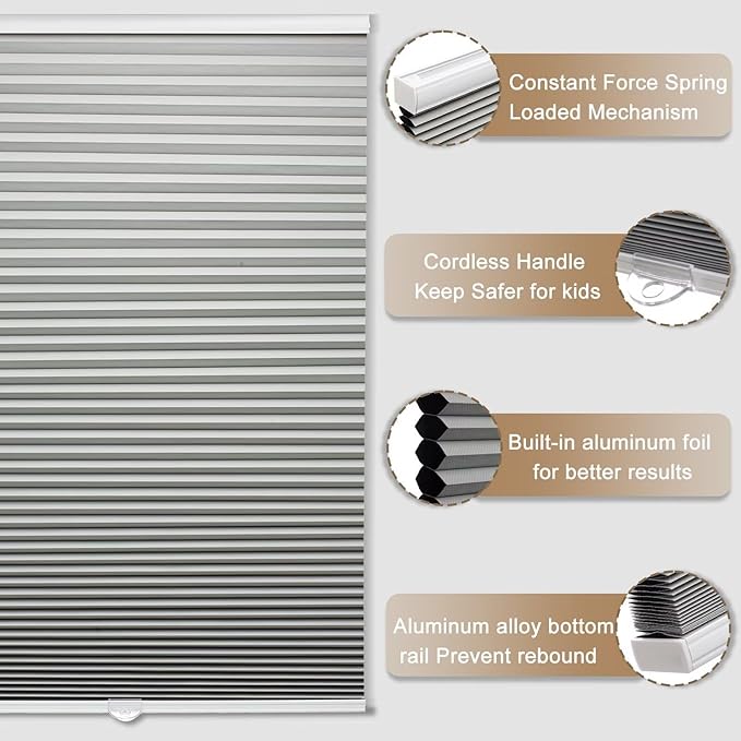 MYshade 1.5-Inch Cellular Cordless Blackout Shades,Thermal Insulating Noise Reducing Waterproof Blinds,Honeycomb Window Treatments for Indoor Light Control (Grey-34 W x 72" H)