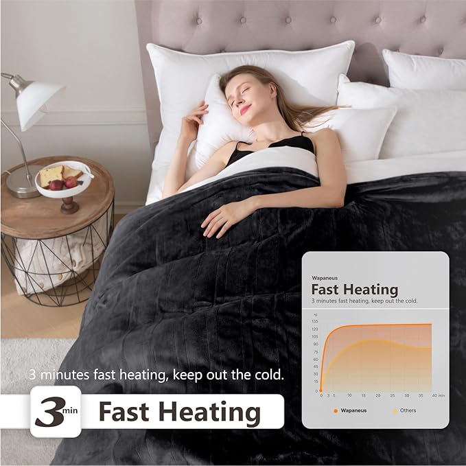 Wapaneus Heated Blanket Electric Blanket 72" x 84" Full Size with 10 Heating Levels and 12 Hours time Settings, Flannel Fast-Heating Electric Blanket, ETL Listed, Machine Washable, Black