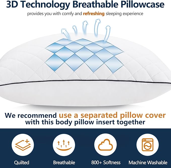 Body Pillow, Memory Foam Body Pillows for Adults Sleeping, Long Pillow for Bed, Big Large Firm Full Body Pillow for Side Sleeper, 20x54 Inch, White