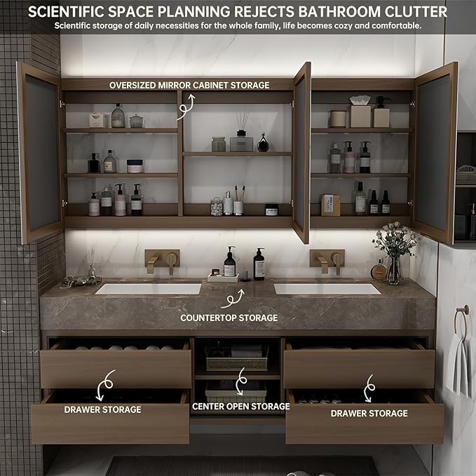 60IN Double Sink Bathroom Vanity, Floating Modern Bathroom Vanity Include Smart Defog Mirror Cabinet with LED Light, Solid Wood Vanities with Integrated Sink and Drawers Storage