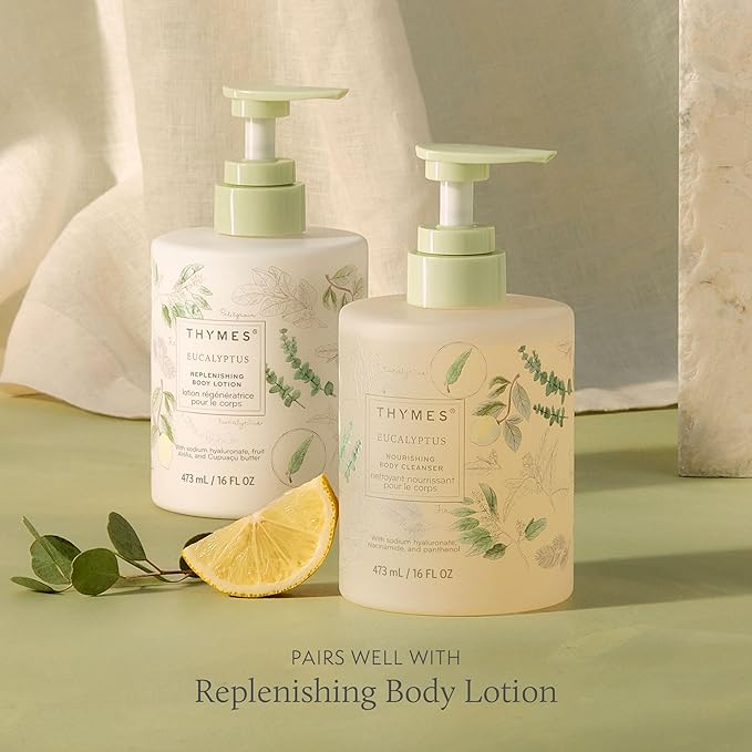 Thymes Nourishing Body Cleanser - Large Moisturizing Body Wash with Pump - Hydrating Cleanser - Notes of Eucalyptus Oil, Lemon, Petitgrain, Bergamot, Lemongrass, & Lush Fir (Eucalyptus, 16 fl oz)