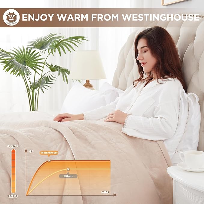 Westinghouse Heated Blanket Full Size - Electric With 10 Heating Levels, 1-12 Hours Auto Shut Off, Fast Warming, Machine Washable (Full, 72x84 Inches, Beige)
