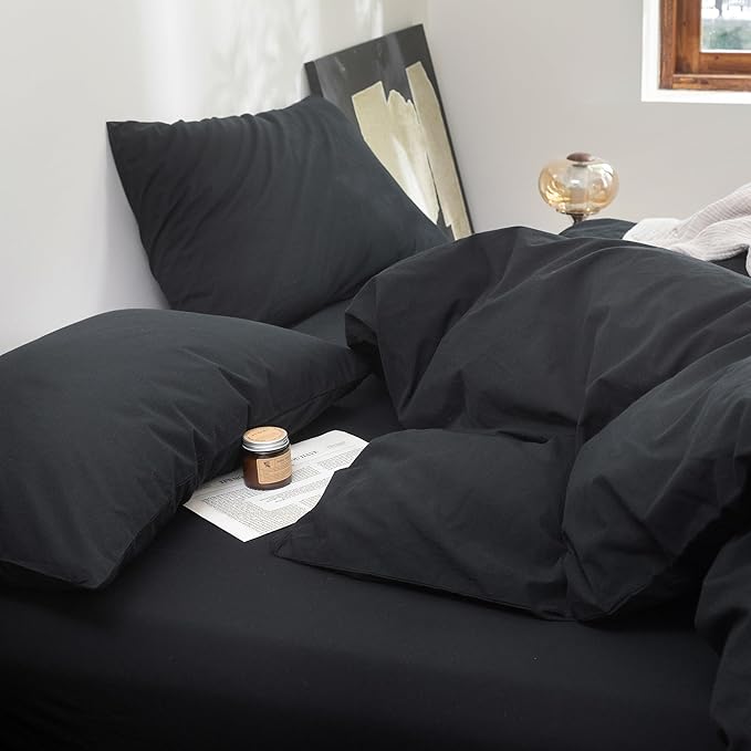 FOSSA Duvet Cover Set 100% Washed Cotton Linen Feel Super Soft Breathable Cozy 3 Pieces Bedding Sets Solid Black Super Queen
