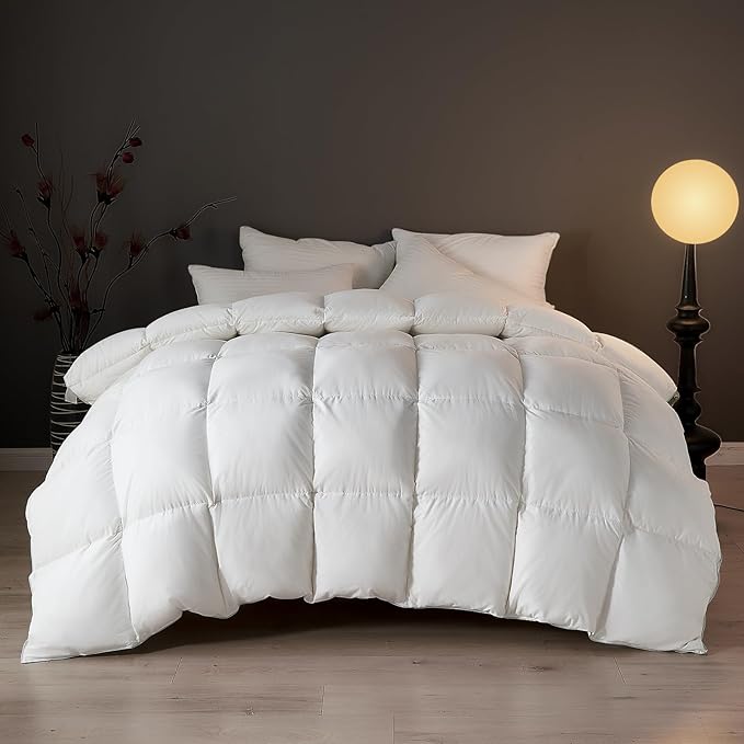 DWR Superior Luxury Feather Down Comforter King Size, Ultra-Soft Rose-Silk Cotton-Blend Fabric, High FP All Season Medium Warmth Bed Duvet Insert(106"x90", White)