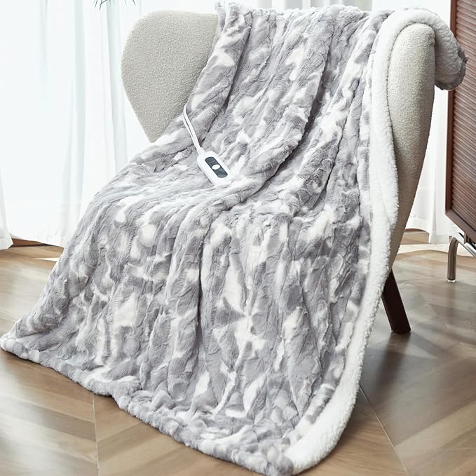Heated Throw Blanket Faux Fur & Sherpa, Safe Electric Blanket ETL & FCC Certified, Soft Warm 6 Heating Levels & 4 Hours Auto-Off, Machine Washable, 50"x60" Light Grey & White Pattern