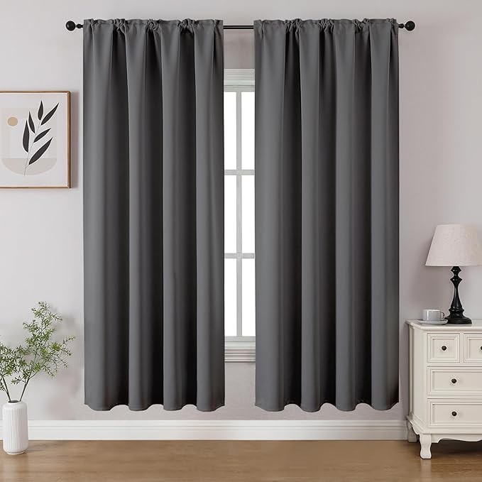 CUCRAF Light Grey Blackout Curtains 63 inch Length 2 Panels Set, Rod Pocket Room Darkening Drapes for Bedroom Living Room, Insulated Thermal Light Blocking Window Curtain (W52 x L63 Inch)