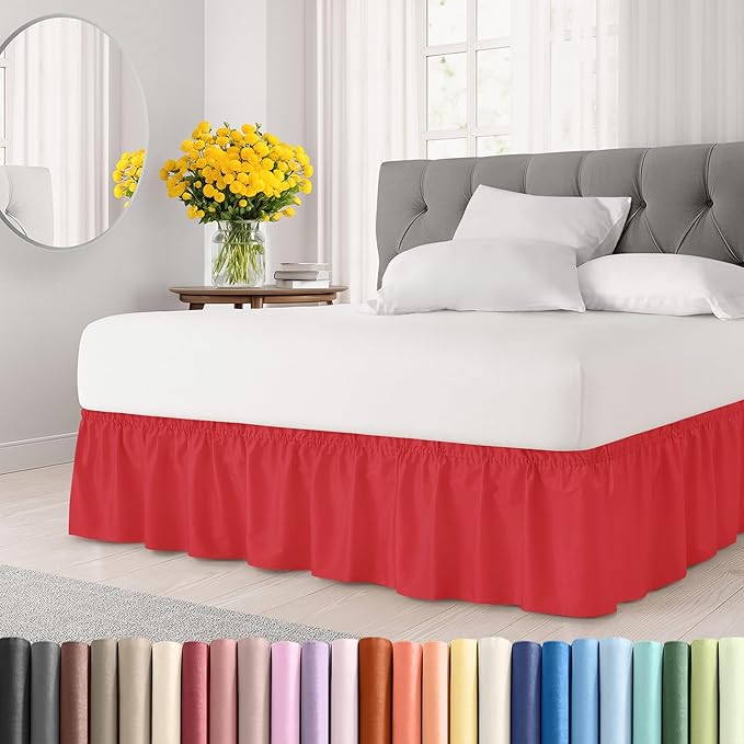 Wrap Around Dust Ruffle Bed Skirt - Red - for Full Size Beds with 15 Inch Drop - Easy Fit Elastic Strap - Adjustable Pleated Bedskirt w/Brushed Fabric - Wrinkle Free - for Women, Men, Kids & Teens