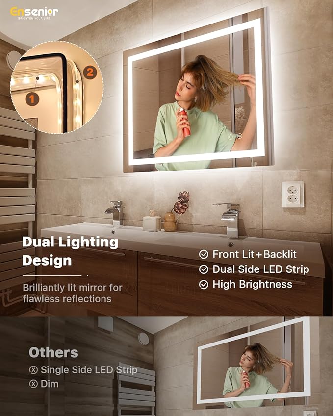 Ensenior LED Bathroom Mirror 40"x 32" with Front and Backlight, Stepless Dimmable Wall Mirrors with Anti-Fog, Shatter-Proof, Memory, 3 Colors, Modern LED Vanity Mirror-ETL & FCC
