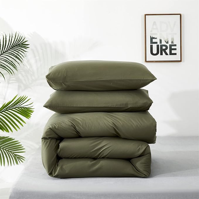 Cottonight Olive Green Bedding Set - Queen Size, Army Green Comforter, Blanket & Quilts - Modern, Soft, Breathable - 3 Piece Set for Women & Men
