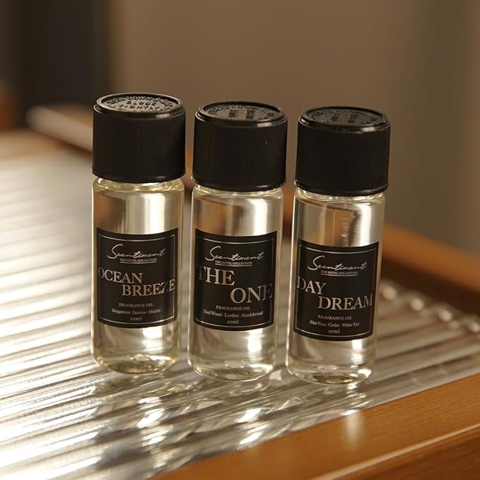 Scentiment Hotel Diffuser Oil Discovery Kit | Inspired by Five-Star & Luxury Hotel Scents | Aromatherapy Oils with Notes of Cardamom, Tuscan Leather, and Sandalwood (20ml, Top 3 Scents)