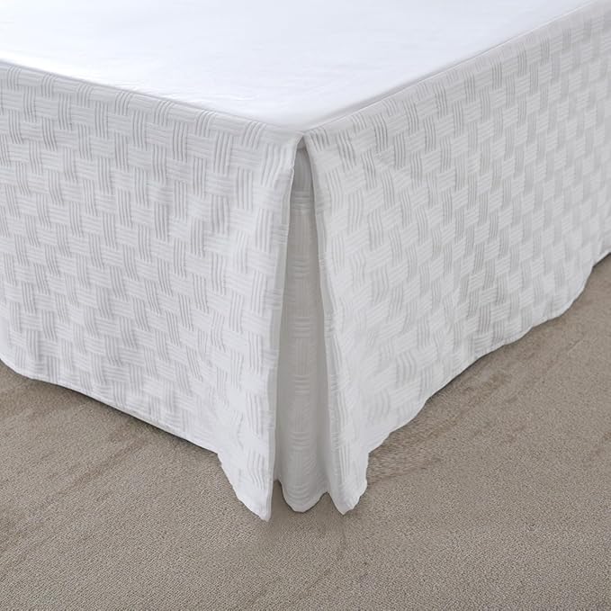 Full Size Bed Skirt, Pleated Knitted Jacquard Waffle Weave Striped Bed Skirt, Tailored Dust Ruffle 14 Inch Drop Easy Fit, Machine Washable (White, Full - 14" Drop)