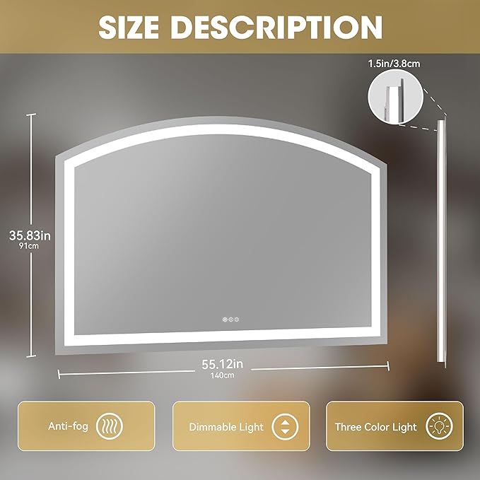 Hasipu 55x36 Inch LED Bathroom Mirror Arch Vanity Mirror with Lights Frontlit Smart Touch Sensor Dimmable 3 Colors Temperature Shatterproof Wall-Mounted Vanity Mirror Metal Frame