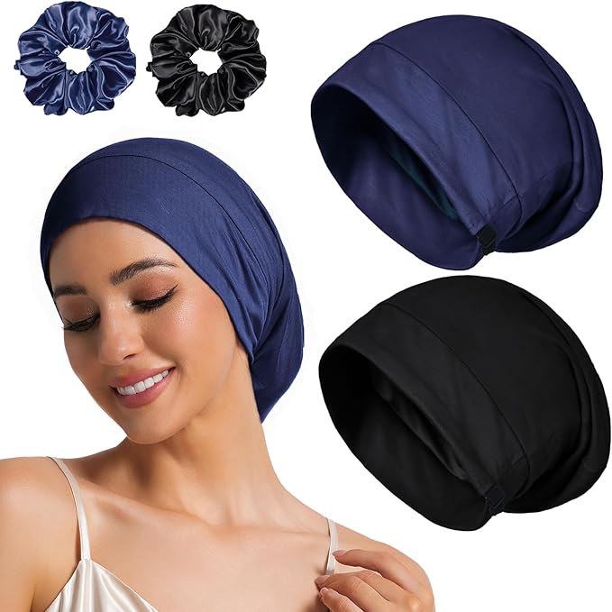 Sleep Cap Bonnet for Sleeping Black Women Men, Adjustable Cooling Lining Bonnets for Curly Hair Wrap Braids Beanie Night Hat