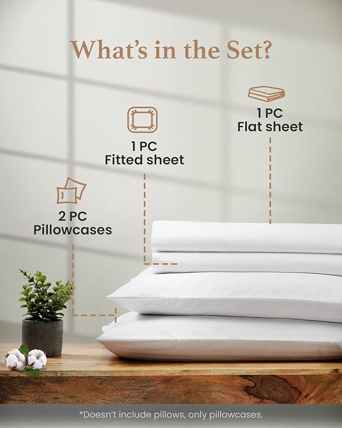Good Sleep Bedding Twin Sheets Set - 100% Egyptian Cotton Sheets, Soft, 3Pc, Twin Sheets, Hotel Quality Bed, Deep Pocket Sheet Set Fits Upto 16" - White