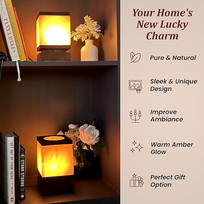 POHS 100% Authentic Himalayan Pink Salt Cube Lamp with Black Wooden Base, Dimmer Switch Cord and Two Bulbs, Night Light for Home and Office Table and Desk, Gift and Decor