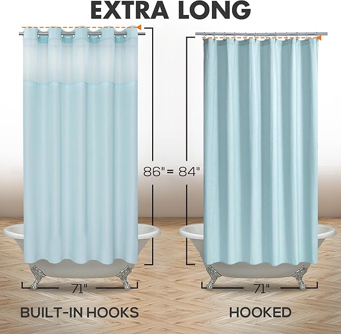 River Dream Extra Long No Hook Slub Textured Shower Curtain with Snap-in PEVA Liner Set - 71" x 86"(84"), Hotel Style with See Through Top Window, Blue Fabric Curtain & Waterproof Liner, Blue, 71x86