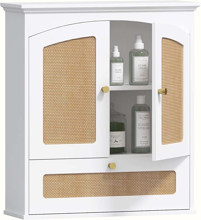 Spirich Bathroom Cabinet Wall Mount, Medicine Cabinet for Bathroom, Over The Toilet Storage Cabinet with Rattan Doors and Tilt-Out Cube