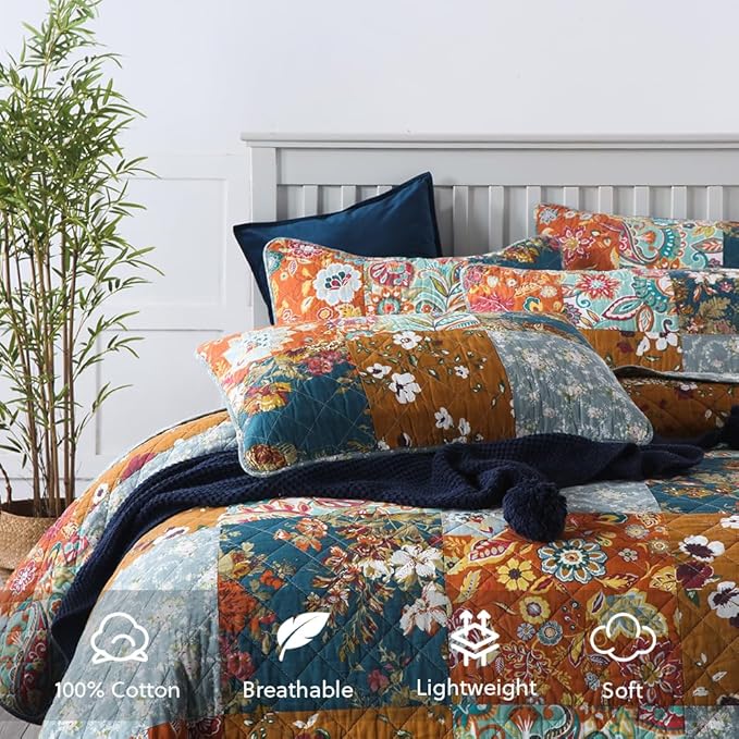 Cotton Bedspread Quilt Bedding Sets 3 Pieces Reversible Coverlet Sets Comforters Luxury Paisley Floral Patchwork Brown Bedspread, King Size