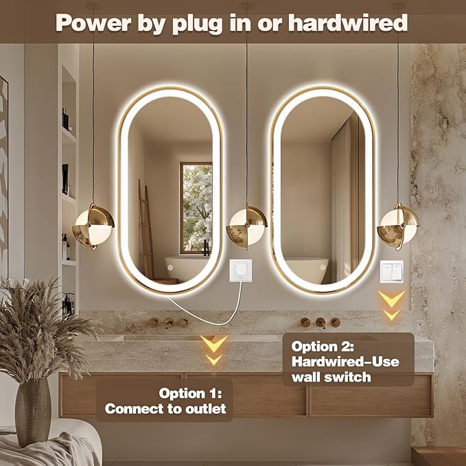 51" x 27" Oval LED Bathroom Mirror with Lights, Gold Metal Framed Anti-Fog LED Vanity Mirror, Lighted Bathroom Mirrors Wall Mounted, Stepless Dimmable, Shatter-Proof, Horizontal/Vertical