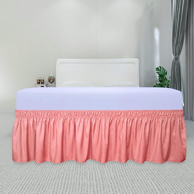 PureFit Wrap Around Ruffled Bed Skirt with Adjustable Elastic Belt - 14 Inch Drop Easy to Put On, Wrinkle Free Bedskirt Dust Ruffles, Bed Frame Cover for Twin,Twin XL and Full Size Beds, Pink