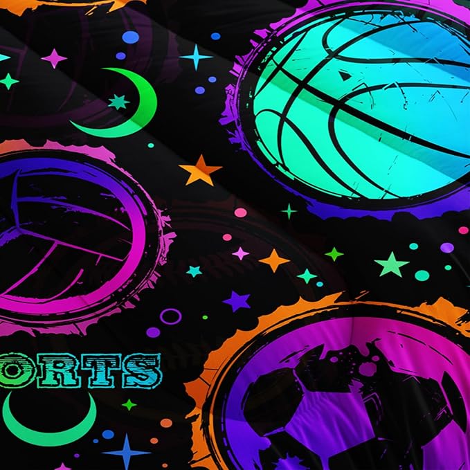 Ball Games Bedding Basketball Football Baseball King Comforter Set,Colorful Neon Stars and Moon Bedding Set for Kids Girls Boys Room Decor,Sports Aesthetic Bedding Sets with 2 Pillowcases.