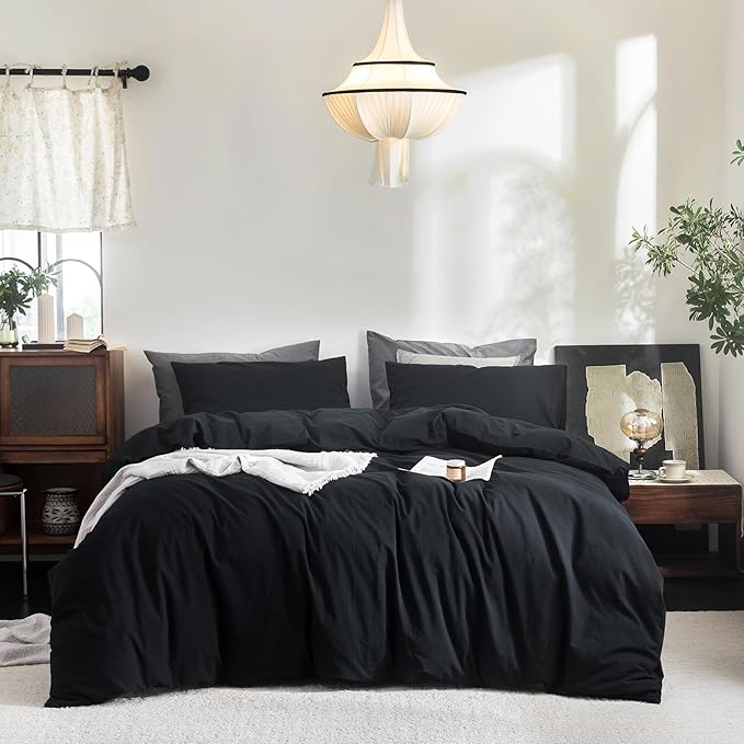 FOSSA Duvet Cover Set 100% Washed Cotton Linen Feel Super Soft Breathable Cozy 3 Pieces Bedding Sets Solid Black Oversized King