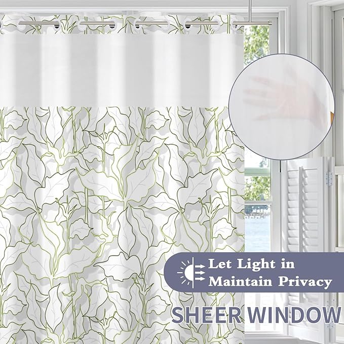 Leaves Shower Curtain No Hooks with Liner for Bathroom Decor,Green Leaves Line Shower Curtain with See Through Top Window,Modern Simple Art Hotel Style,Waterproof Washable,Easy to Install,71x74 Inch