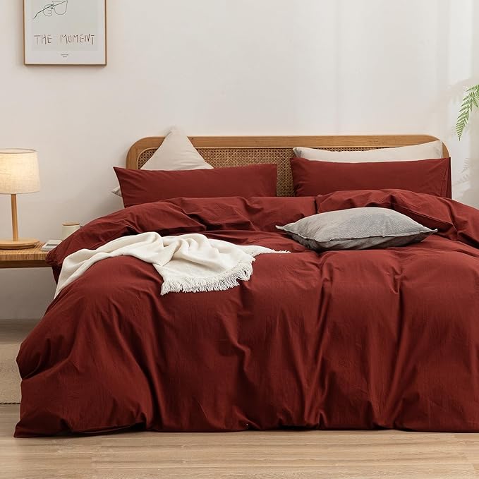 BESTOUCH Duvet Cover Set 100% Washed Cotton Linen Feel Super Soft Comfortable Chic Lightweight 2 PCs Home Bedding Set Solid Fired Brick Red Twin/Twin XL