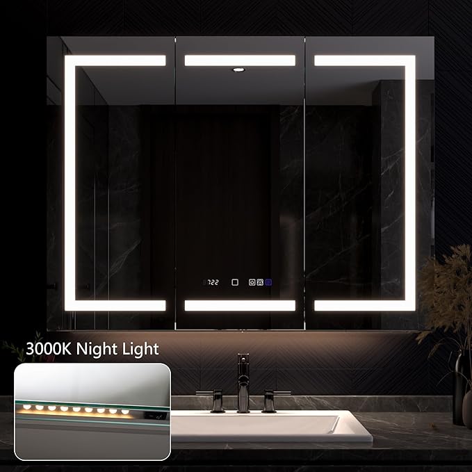 Lighted Medicine Cabinet with Mirror 48"x36" Recessed LED Medicine Cabinet Mirror, Front&Backlit, Anti-Fog, Stepless Dimming, 3-Color Temperatures, Magnifier, 2 Outlets, Storage Shelves, ETL Certified