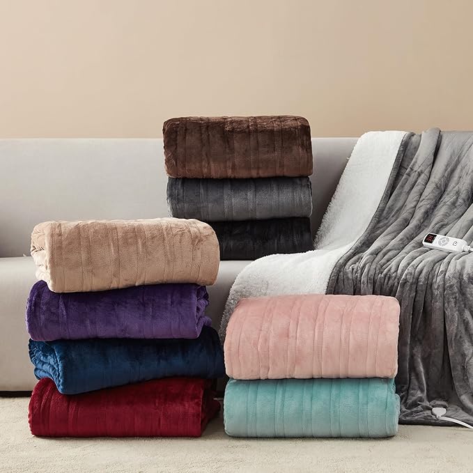 EHEYCIGA Heated Blanket Electric Blanket Throw - Heating Blanket with 9 Heating Levels & 10 Hours Auto Off, Soft Cozy Sherpa Washable Blanket with Fast Heating, 50 x 60 Inches