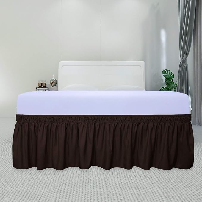 PureFit Wrap Around Ruffled Bed Skirt with Adjustable Elastic Belt - 14 Inch Drop Easy to Put On, Wrinkle Free Bedskirt Dust Ruffles, Bed Frame Cover for Queen, King and C-King Size Beds, Chocolate