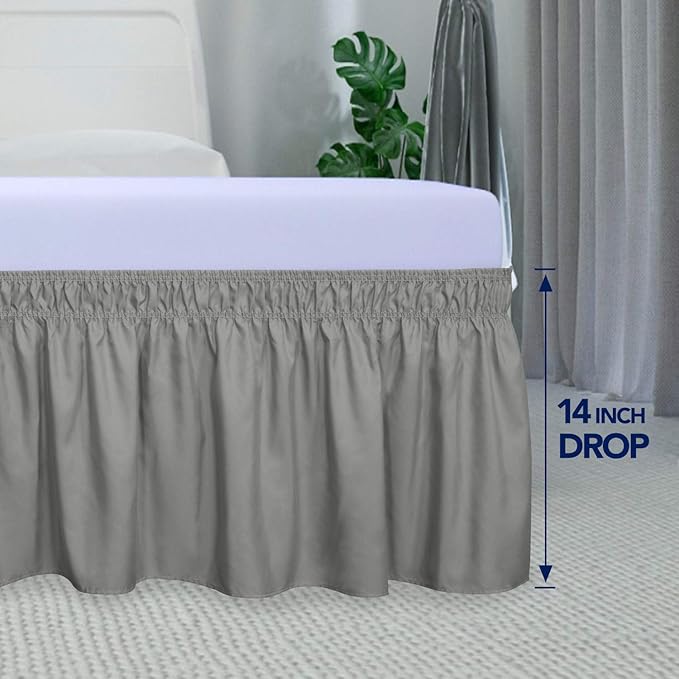 PureFit Wrap Around Ruffled Bed Skirt with Adjustable Elastic Belt - 14 Inch Drop Easy to Put On, Wrinkle Free Bedskirt Dust Ruffles, Bed Frame Cover for Queen, King and C-King Size Beds, Gray