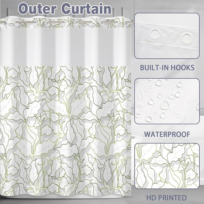 Leaves Shower Curtain No Hooks with Liner for Bathroom Decor,Green Leaves Line Shower Curtain with See Through Top Window,Modern Simple Art Hotel Style,Waterproof Washable,Easy to Install,71x74 Inch