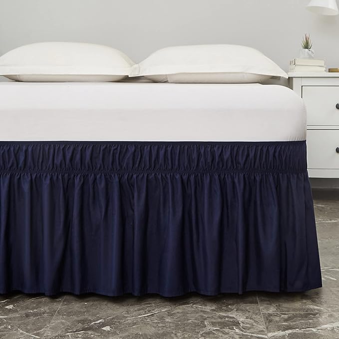 MEILA Wrap Around Bed Skirt Three Fabric Sides Elastic Dust Ruffled 18 Inch Tailored Drop,Easy to Install Fade Resistant-Navy Blue, Queen/King