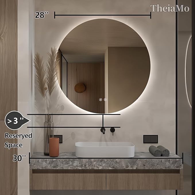 Round LED Mirror for Bathroom, 28" Circle Frameless Backlit Mirror with Lights, Wall Mounted Vanity Mirror, 3 Colors, Dimmable, Anti-Fog, IP65 Waterproof, Memory Function, UL Listed