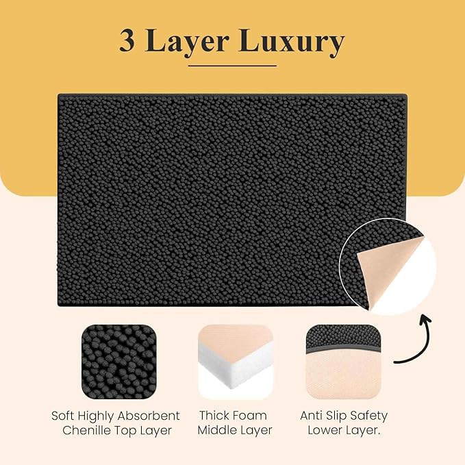 MAYSHINE Plush Shaggy Chenille Bath Mat | Extra Soft, Super Absorbent, Non-Slip Bathroom Rug | Fluffy Microfiber, Area Rug Sets for Bathroom Floor, Kitchen, Living Room | 32"x20" | Black
