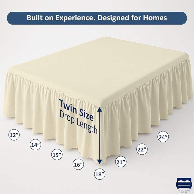 Ruffled Bed Skirt with Split Corners-Dust Ruffle - 15" Drop 100% Microfiber Soft,Sheen & Luxurious Look - Bed Skirts (Ivory -Twin)